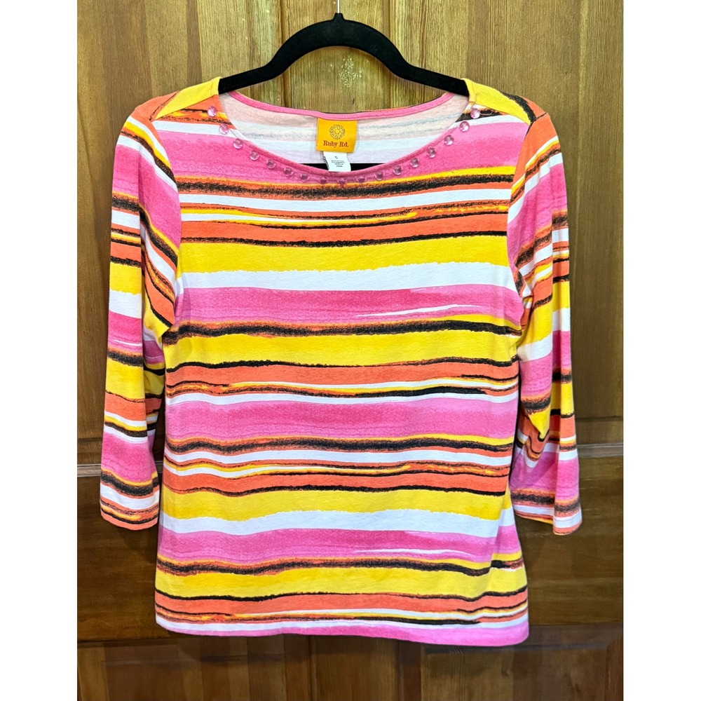Ruby Rd Womens Pink Yellow Striped Embellished Boat Neck 3/4 Sleeve Top Small